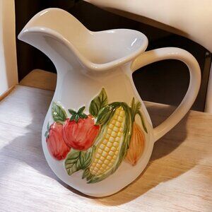 Vintage Portuguese Majolica Barbotine Hand-Painted Pitcher Raised Vegetables